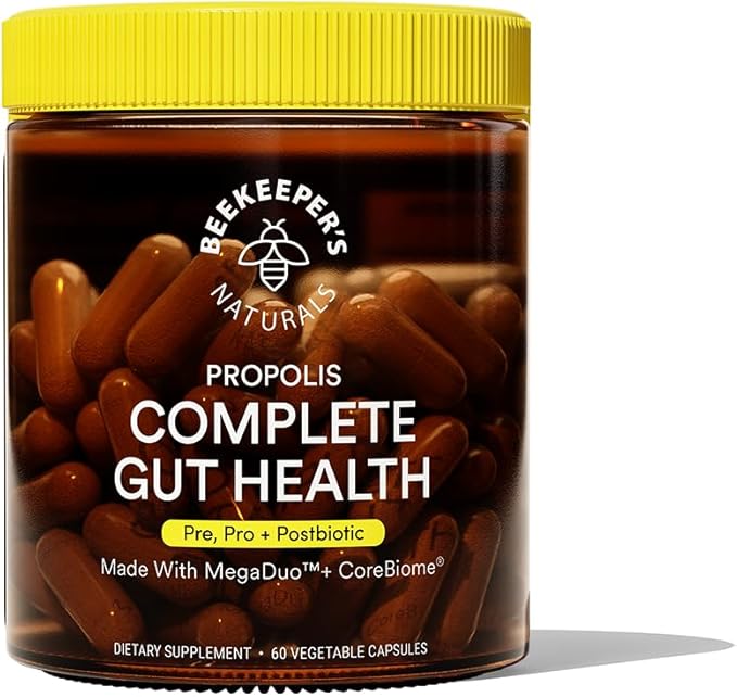 Beekeeper's Naturals Complete Gut Health, 3-in-1 Prebiotic, Postbiotic, Probiotics for Digestive Health & Bloating Relief for Women & Men, Propolis Powered, Gluten-Free Vegan Capsules, 60ct