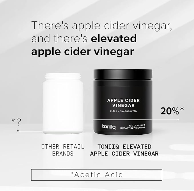 Toniiq 20% Acetic Acid Ultra High Strength Non-GMO Apple Cider Vinegar Capsules with Mother - 2,010mg Formula Pills with Cayenne Pepper -12x Potent - 120 Capsules