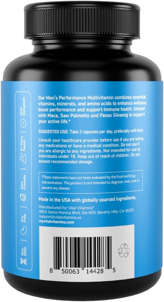 Vital Vitamins Men's Multivitamin Complex - Made with Essential Amino Acids & Maca Root - with Vitamin A, C, E, B6, B12, D3 & Male Performance Blend - Daily Mens Multivitamin - 60 Capsules