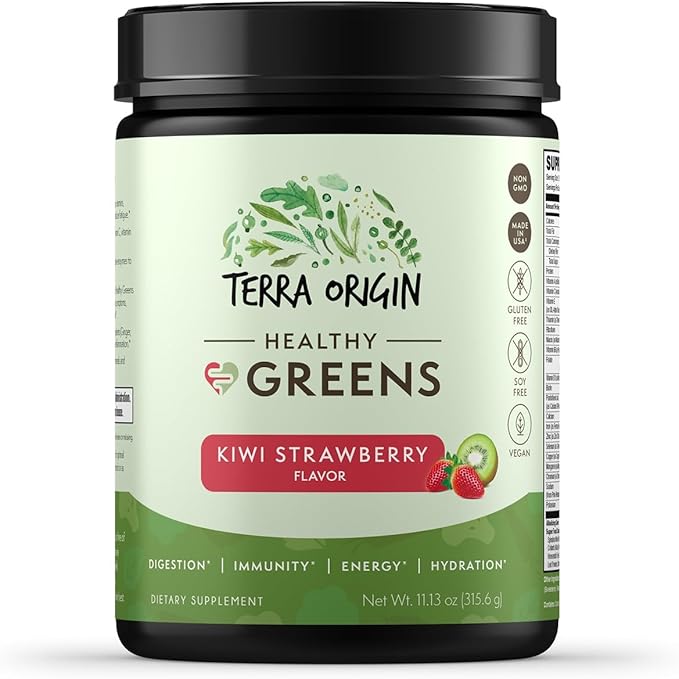 TERRA ORIGIN Healthy Greens Powder, Superfoods, Probiotics, Enzymes, Immune & Digestive Support, Energy & Wellness Boost, Gut Health, 30 Servings (1-Pack, Kiwi Strawberry)
