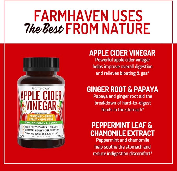 Apple Cider Vinegar Capsules With Ginger, Papaya & Chamomile | 1390mg | Improves Digestion, Energy, Immunity | Soothes Gas & Bloating Issues | Like With Mother | Non-GMO & 100% Natural | 90 Capsules