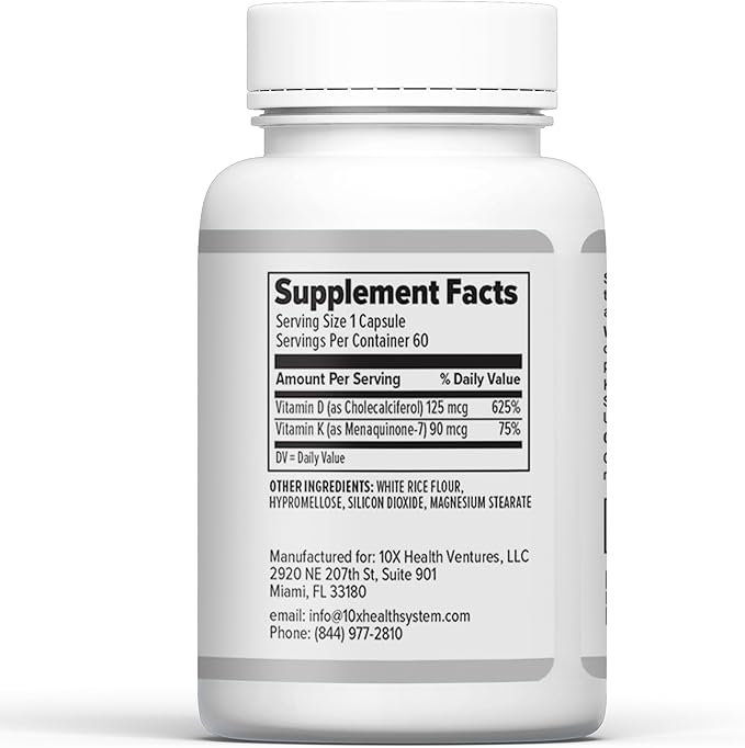 10X Health Vitamin D3 K2 - Loaded with 125 mcg Vitamin D and 90 mcg Vitamin K (Menaquinone 7) - D3 and K2 Supplements That Support Bone Health, Heart and Teeth - 60 Capsules