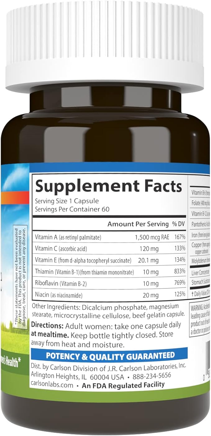 Carlson - Women's Iron Restore, 28 mg Iron + B Vitamins, Menstrual Support, Iron Absorption & Women's Health, 60 Capsules