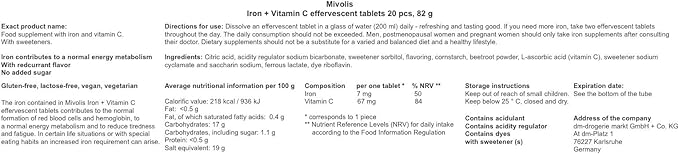 Mivolis Iron + Vitamin C effervescent Tablets - Dietary Supplements 4 Packs x 20 pcs | Germany