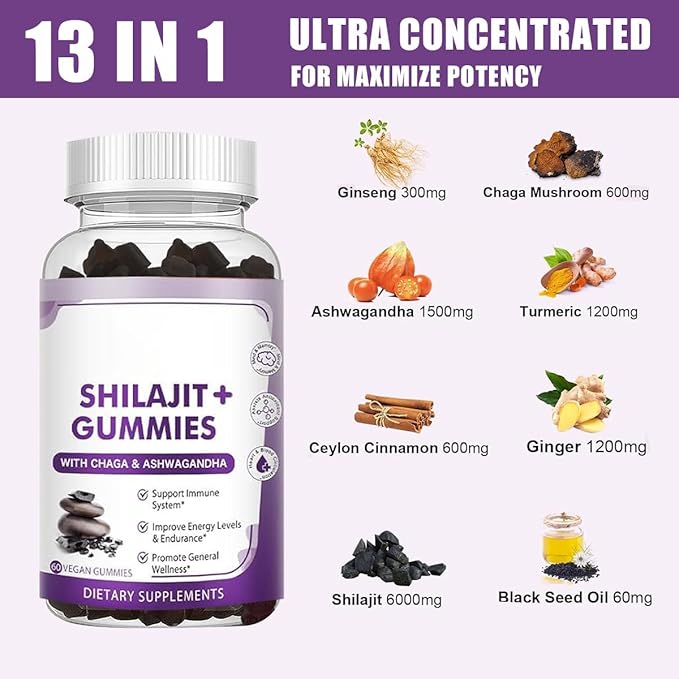 2 Pack Shilajit Gummies, Pure Shilajit with Ashwagandha, Black Seed Oil, Vitamins C, D3, B12 & Zinc, Vegan, Non-GMO, Energy & Immune Support Supplement for Men & Women, 60 Gummies Each