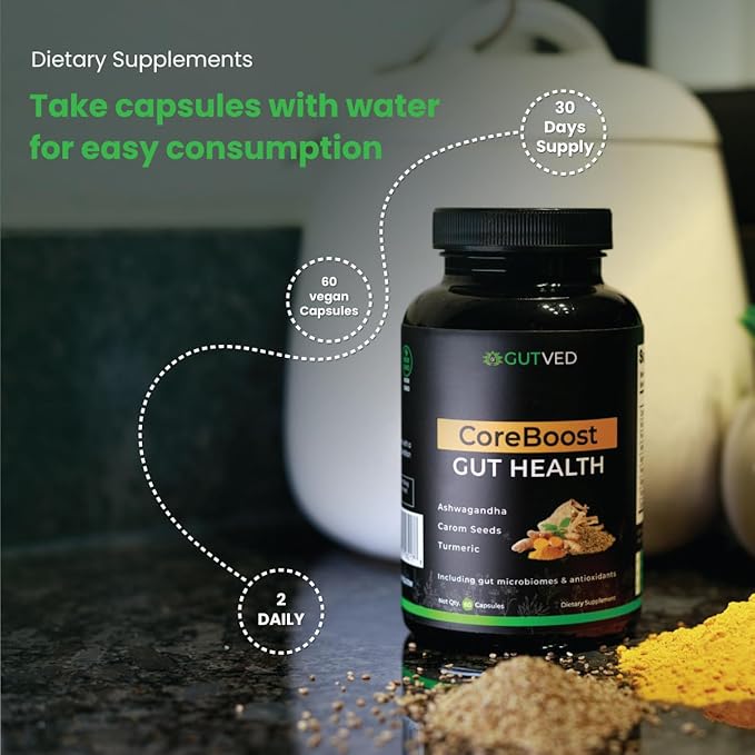 Gut Health Supplement Coreboost with Ashwagandha, Carom Seeds, Turmeric - Prebiotics and Probiotics for Women & Men - 2 Billion CFU-Best for Digestive Health, Bloating Relief, Gas Reduction