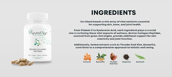 XpandAge's Bovine Collagen Peptides contain Biotin, Niacin, Vitamin C, Vitamin D, Thiamin, Paba, Hyaluronic acid, Turmeric, Bioperine, and more for healthy Hair, Nails, Beauty, Joint, and Bone health.