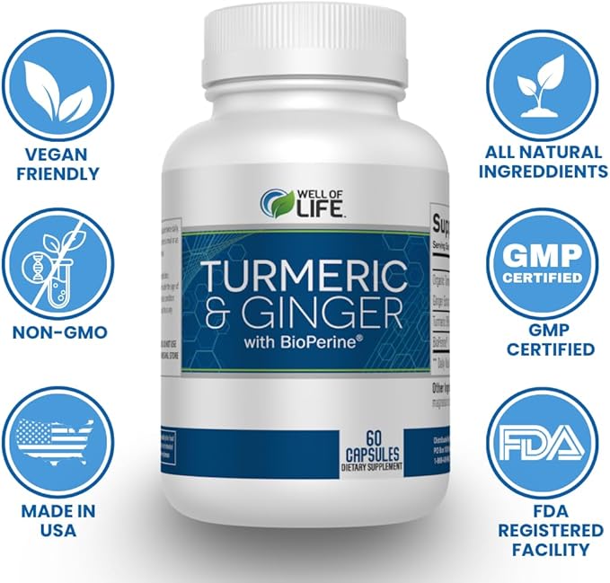 Well of Life: Turmeric & Ginger with BioPerine®: Joint Support - 655mg | 60 Veg Capsules. Helps Immune Function, Digestive Health, and Overall Wellness. Made in USA.