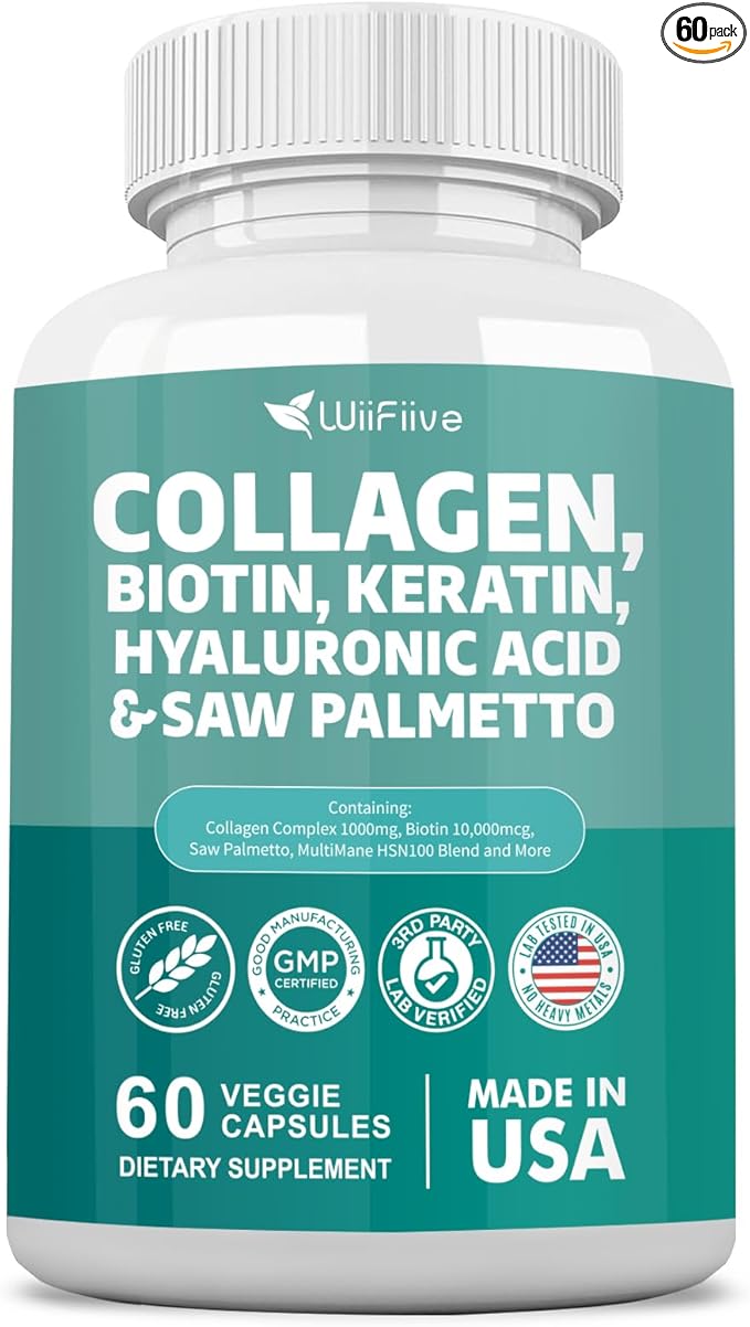 Collagen 1000 mg Biotin 10000 mcg Kerarin Blend 500mg Saw Palmetto 2500mg Folate 1000 mcg with Hyaluronic Acid Vitamin C E Paba Keratin MSM Quercetin Mineral Supplements, 60 Capsules
