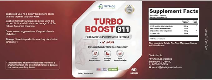 Turbo Boost 911 Nitric Oxide Booster, Circulation, Energy Boost, Mental Focus (N-O) Supplement – 60 Capsules