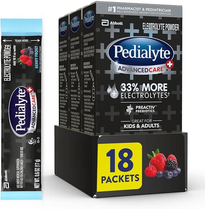 Pedialyte AdvancedCare Plus Electrolyte Powder, with 33% More Electrolytes and PreActive Prebiotics, Berry Frost, Drink Powder Packets, 0.6 oz, 18 Count