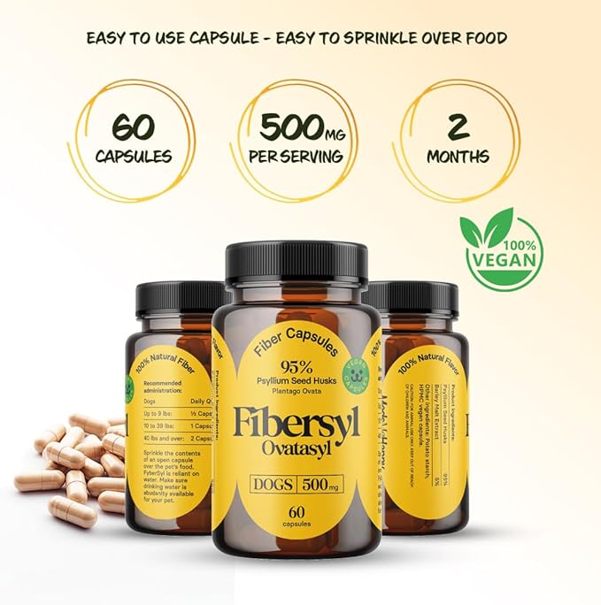 FiberSyl Ovatasyl Prebiotics for Dogs Digestive Health - Dog Fiber Supplements for Constipation Relief & Support - Psyllium Husk Seed for Dog' Digestion Problems - Dog Stool Hardener - 60 Capsules