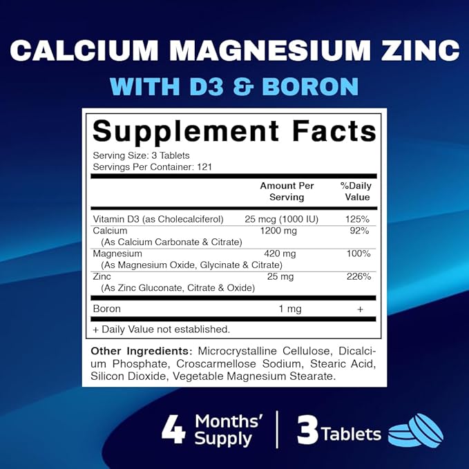 Vitamatic Calcium Magnesium Zinc D3 Boron | 365 Coated Tablets Supplement | Calcium 1200 mg, Magnesium 420mg, Zinc 25mg, Vitamin D3 1000 IU, Boron 1 mg | Non-GMO | Gluten Free | Made in USA