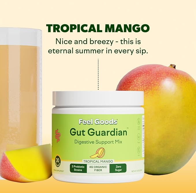 Feel Goods Gut Guardian, Prebiotic & Probiotic Powder, Sugar Free, Organic Fiber, Herbs for Bloat, Gut Health Support, Digestive Health for Men & Women, Non GMO, Vegan | Tropical Mango, 30CT