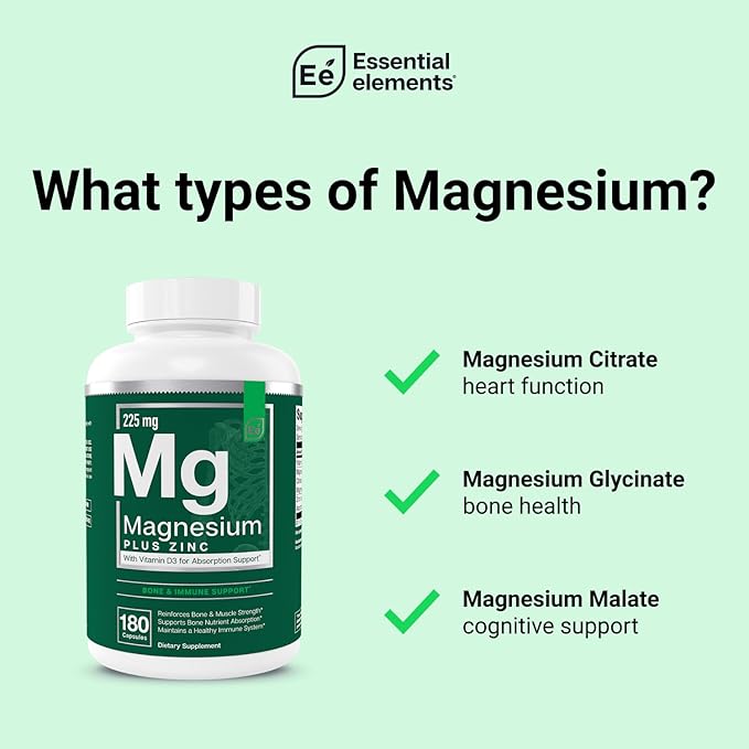Essential Elements Magnesium & Zinc with Vitamin D3 for Sleep Immune & Bone Support - Magnesium Glycinate, Malate, Citrate 225mg - Triple Magnesium Supplement for Women and Men - 6 Month Supply