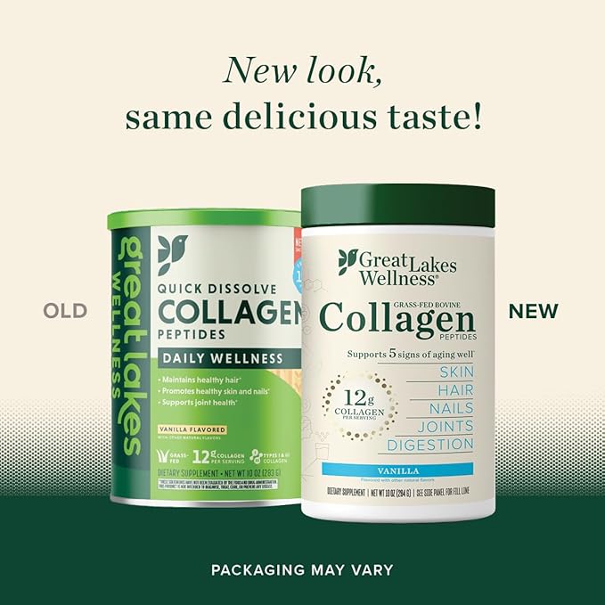 Great Lakes Wellness Collagen Peptides Powder for Skin, Hair, Nails, Joints & Digestion - Vanilla Flavored - Quick Dissolve Hydrolyzed, Non-GMO, Kosher - 10 oz - Packaging May Vary