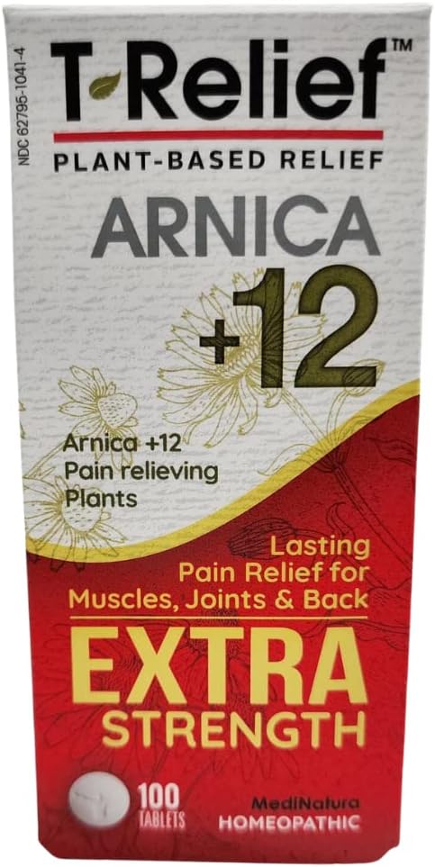 T-Relief Extra Strength Pain Relief Arnica +12 Natural Relieving Actives for Back Pain Joint Soreness Muscle Aches & Stiffness, Whole Body Fast-Acting Relief for Women & Men - 100 Tablets