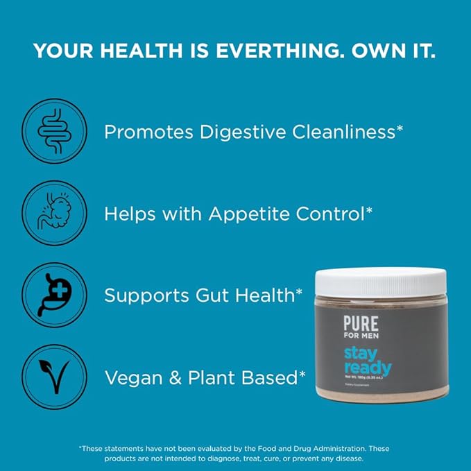 Pure for Men Original Cleanliness Stay Ready Fiber Supplement Powder | Helps Promote Digestive Regularity | Psyllium Husk, Aloe Vera, Chia Seeds, Flaxseeds | Proprietary Formula | 180 gm Vegan Blend
