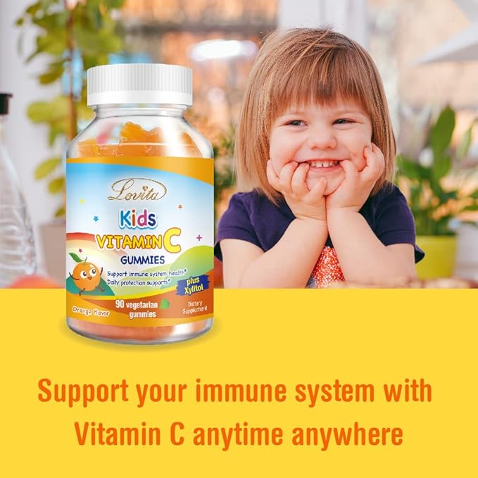Lovita Vegan Vitamin C Gummies for Kids, Great Tasting Plant-Based Formula, Immune Function Support with Vitamin C 150mg per Daily Servings & Xylitol, Natural Orange Flavored, 90 Gummies (Pack of 3)