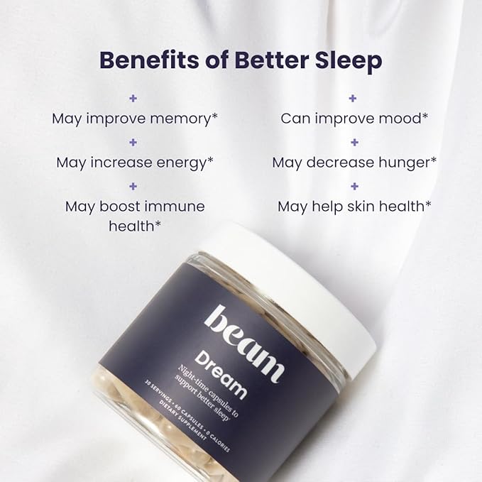 Beam Dream Sleeping Pills, Sleep Aid, Sleep Aids for Adults, Contains Magnesium, Melatonin, L Theanine, Apigenin, Natural Sleep Supplement, Vegan, Non GMO, Dairy Free, 3rd Party Tested, 30 Servings