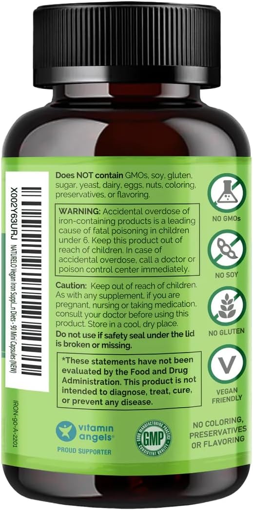 NATURELO Vegan Iron Supplement with Vitamin C and Organic Whole Foods - Gentle Pills for Women & Men w/Iron Deficiency Including Pregnancy, Anemia Diets 90 Mini Capsules