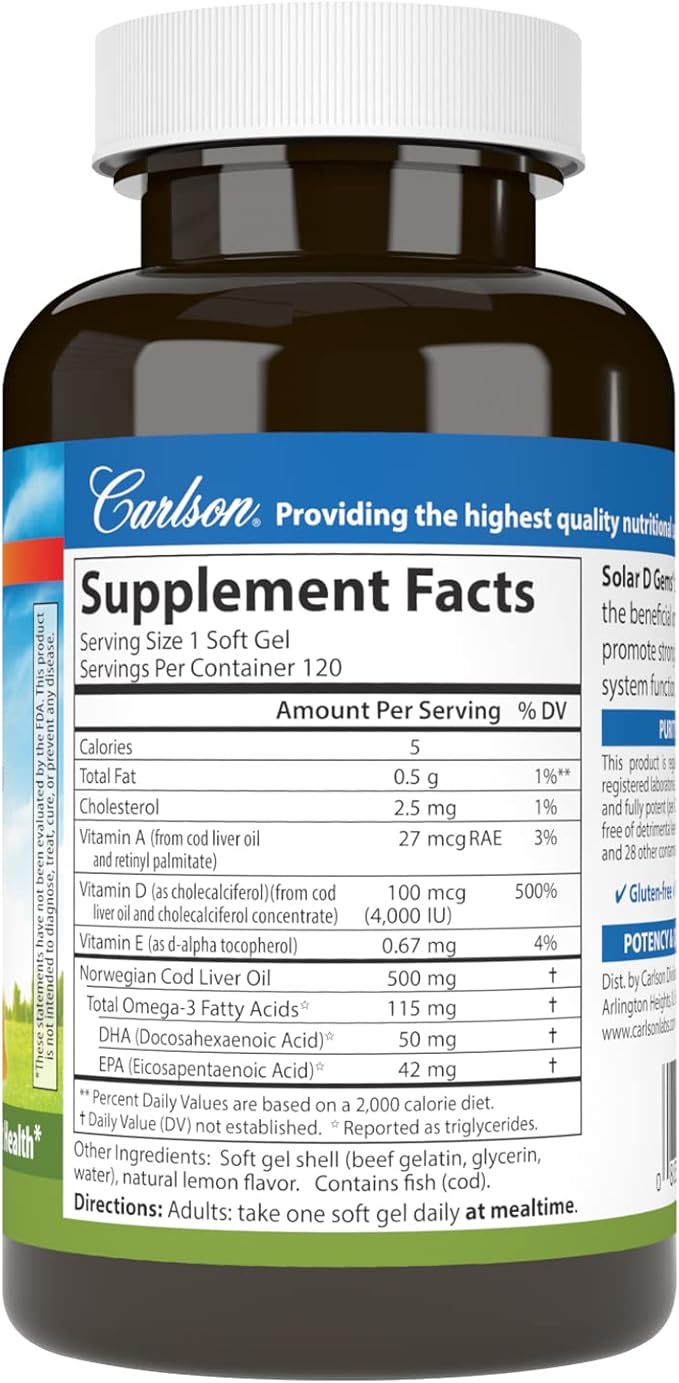 Carlson - Solar D Gems, Vitamin D3 and Omega-3 Supplement, 4000 IU (100 mcg) D3, 115 mg Omega-3 EPA and DHA, Vitamin D Fish Oil Capsule, Bone & Immune Health, Vitamin D Supplement, Lemon, 120 Softgels