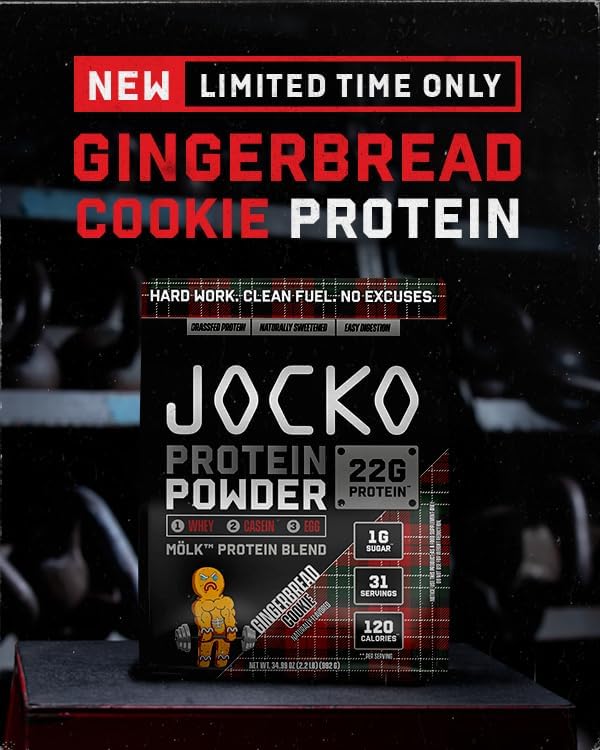 Jocko Mölk Whey Protein Powder - Keto, Probiotics, Grass Fed, Digestive Enzymes, Amino Acids, Sugar Free Monk Fruit Blend - Muscle Recovery & Growth (31 Servings (Pack of 1), Gingerbread Cookie)