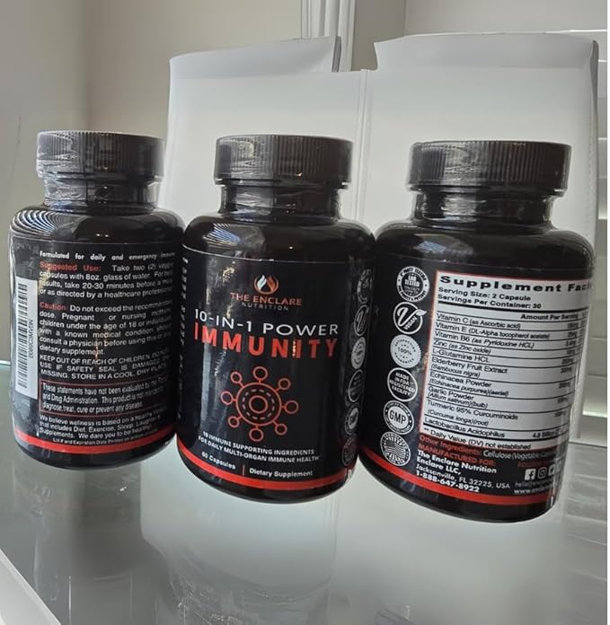 THE ENCLARE NUTRITION 10 in 1 Immune Support Booster Supplement with Echinacea, Vitamin C and Zinc, Turmeric, Ginger, B6, Elderberry for Adults Immunity Defense Vitamins, Made in USA Veg Cap 60 Ct (1)