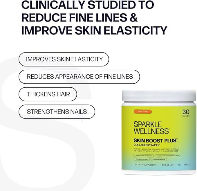 Sparkle Wellness Skin Boost Plus Verisol Collagen Peptides Protein Powder Vitamin C Orange Plus Supplement Drink, 7.7 oz