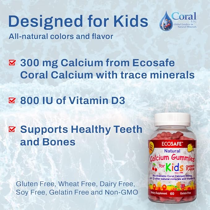 Coral Calcium Vitamin D3 Kids Gummy, Natural Cherry Flavor, Non GMO, Gluten-Free, Dairy-Free, Soy-Free and Gelatin Free - 300 mg of Calcium, and 800 IU of Vitamin D3-60 Gummies (1 Pack)