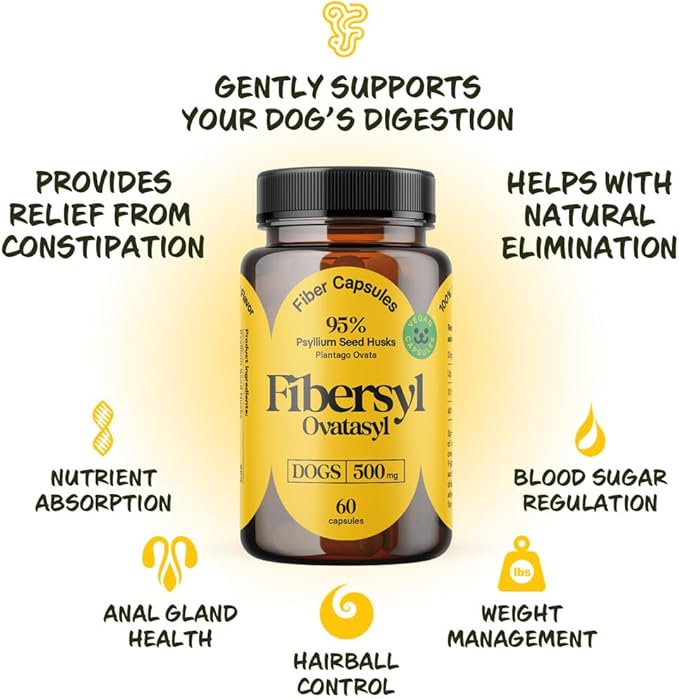 FiberSyl Ovatasyl Prebiotics for Dogs Digestive Health - Dog Fiber Supplements for Constipation Relief & Support - Psyllium Husk Seed for Dog' Digestion Problems - Dog Stool Hardener - 60 Capsules