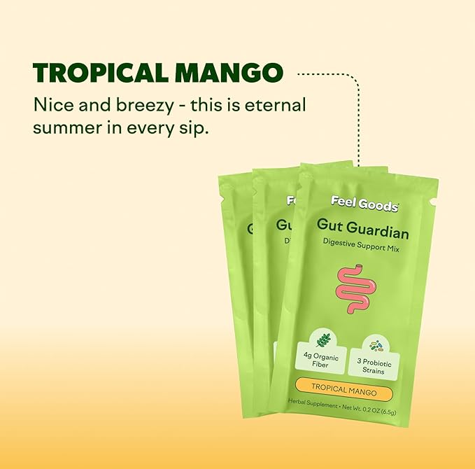 Feel Goods Gut Guardian, Prebiotic & Probiotic Powder, Sugar Free, Organic Fiber, Herbs for Bloat, Gut Health Support, Digestive Health for Men & Women, Non GMO, Vegan | Tropical Mango, 15 Servings