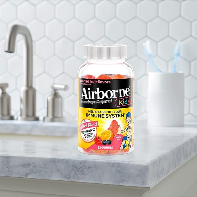 Airborne Kids 500mg Vitamin C Gummies, Kids Immune Support Zinc Gummies with Powerful Antioxidants VIT C & E - 63 Gummies, Assorted Fruit Flavor (Pack of 4)
