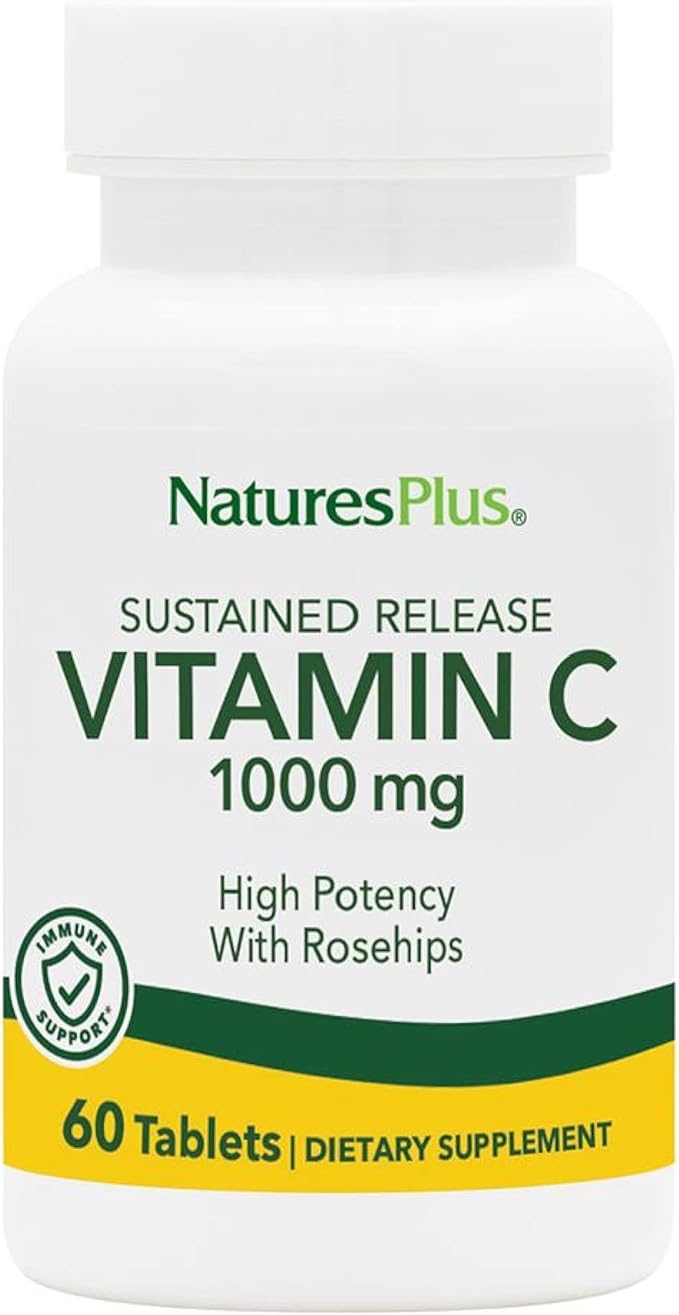 Natures Plus Vitamin C with Rose HIPS, Sustained Release - 1000 mg Ascorbic Acid, 60 Vegetarian Tablets -Gluten-Free - 60 Servings