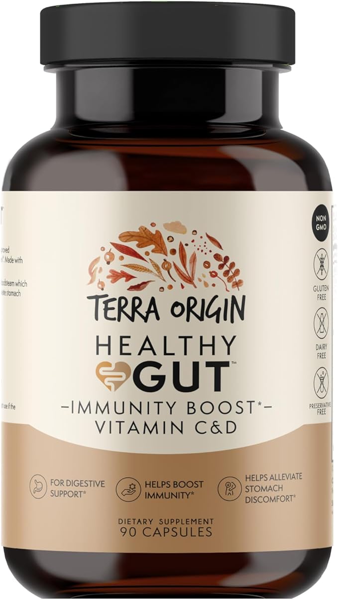 TERRA ORIGIN Healthy Gut Capsules with Immunity Boost | 90 Capsules | Digestive Support Including intestinal Permeability, IBS, Bloating, Gas and Constipation* 30 Servings/90 Capsules.