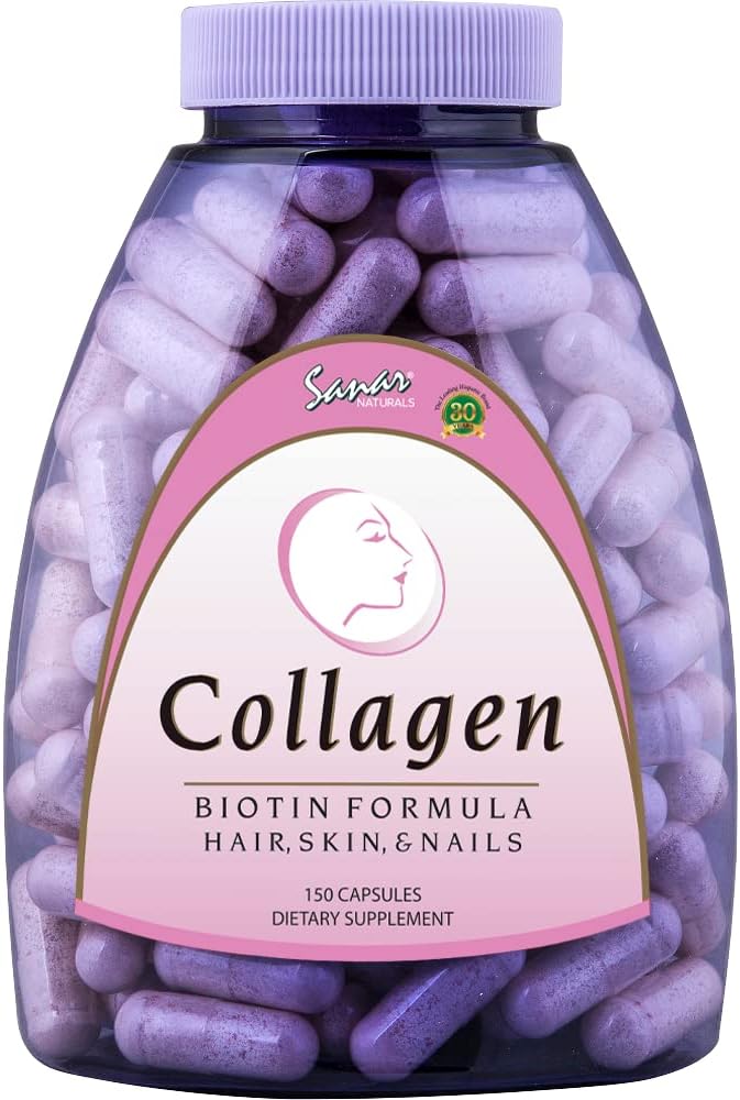 Sanar Naturals Biotin Collagen Pills - Hair Skin and Nails Vitamins, Boost Hair Growth - Hydrolyzed Collagen Peptides for Women & Men, Biotin Supplement with Vitamin C, 150 Capsules