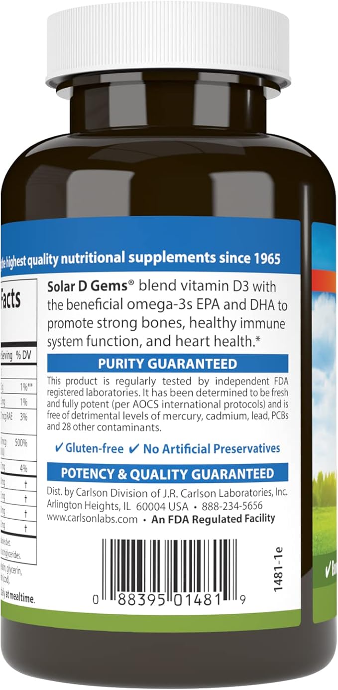 Carlson - Solar D Gems, Vitamin D3 and Omega-3 Supplement, 4000 IU (100 mcg) D3, 115 mg Omega-3 EPA and DHA, Vitamin D Fish Oil Capsule, Bone & Immune Health, Vitamin D Supplement, Lemon, 120 Softgels