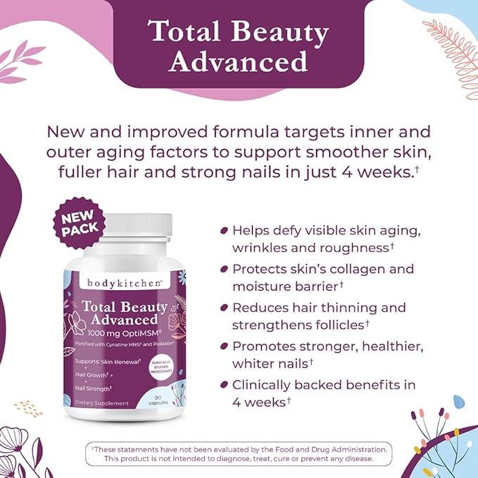 Body Kitchen Total Beauty Advanced, Contains Elastin, Keratin, Biotin and Hyaluronic Acid, Supports Hair Growth, Skin Renewal, Nail Strength, Veggie Caps, 90 Count