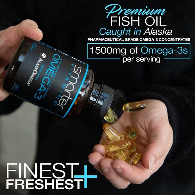 (3 Pack) Smarter Omega 3 Fish Oil, Berry Flavor, Burpless, Tasteless, 2000mg, DHA EPA Triple Strength Brain, Joint and Heart Support, Made with AlaskOmega®