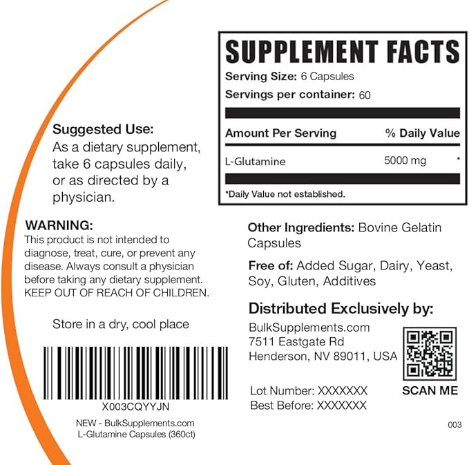 BulkSupplements.com L-Glutamine Capsules - Glutamine Supplement, L-Glutamine 5000mg - Amino Acid for Gut Health, Gluten Free, 6 Capsules per Serving, 360 Capsules (Pack of 1)