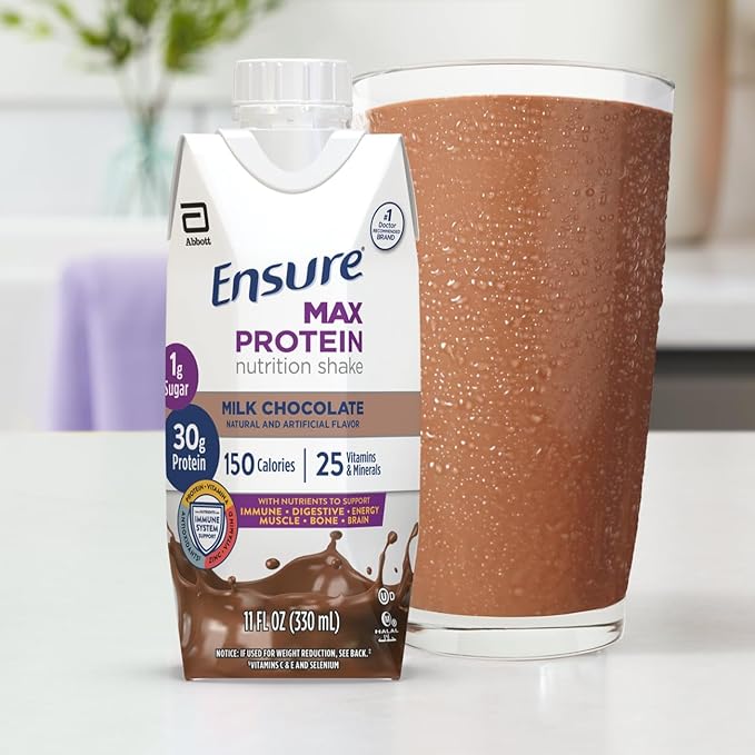 Ensure Max Protein Shake | Milk Chocolate | Ready to Drink | 30g Protein for Muscle Building | 1g Sugar, 4g Fiber | 11 fl oz - 12 Pack