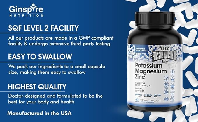 Magnesium Potassium Supplements w/Zinc - 90 Capsules - Magnesium Potassium Zinc for Vascular Health – High Absorption Vegan Potassium Magnesium Supplement for Leg Cramps & Sleep