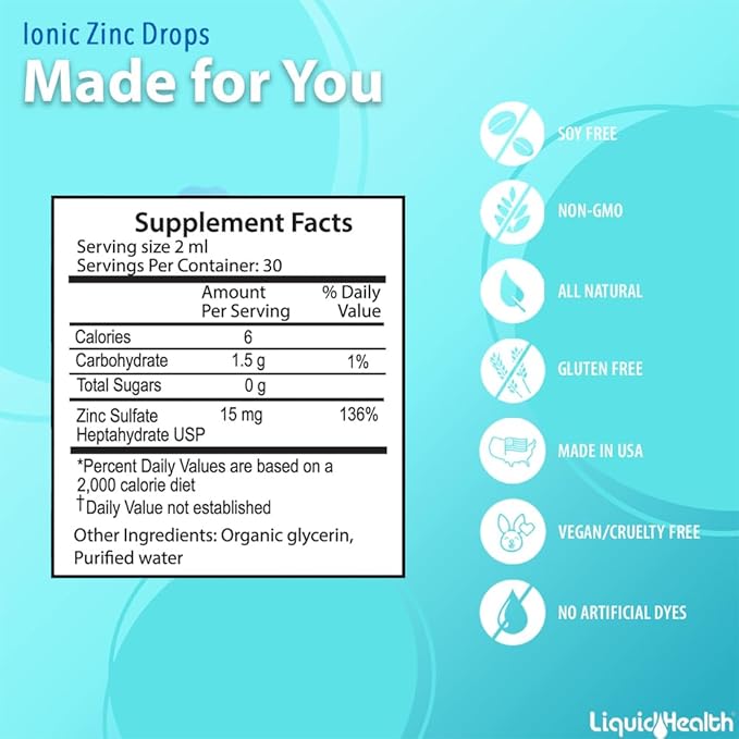 LIQUIDHEALTH Ionic Zinc High Potency Drops, Pure Zinc Trace Mineral Liquid Vitamin Supplement for Adults & Kids Over 4 - Immune Boosting, Digestive Support, Skin & Wound Health - Vegan, Non-GMO (2 oz)