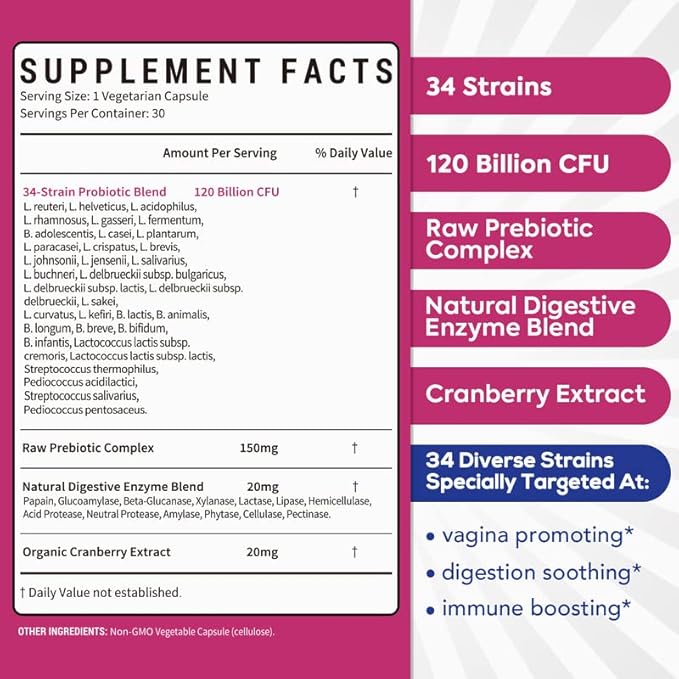 Probiotics for Women, 120 Billion CFU 34 Strains, Prebiotics, Digestive Enzymes, Cranberry, 4-in-1 Feminine Probiotic, Digestive, Vaginal, Immune Support, 30ct