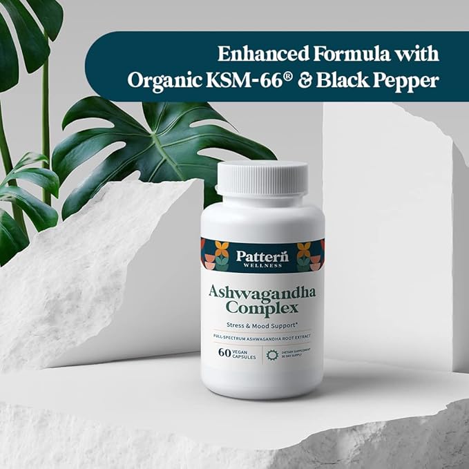 Pattern Wellness Ashwagandha Complex for Men & Women - KSM-66 & Black Pepper Extract - Whole Body & Heart Health - Supports Stress & Mood - Non-GMO - 360 Vegan Capsules