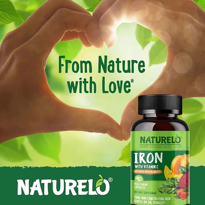 NATURELO Vegan Iron Supplement with Vitamin C and Organic Whole Foods - Gentle Pills for Women & Men w/Iron Deficiency Including Pregnancy, Anemia Diets 90 Mini Capsules