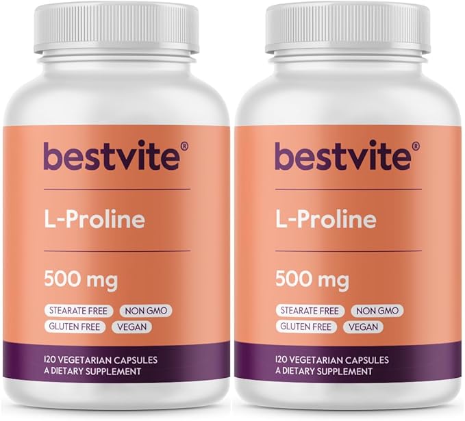 BESTVITE L-Proline 500mg (240 Vegetarian Capsules) (120 x 2) - No Stearates - No Fillers - Vegan - Gluten Free - Non GMO