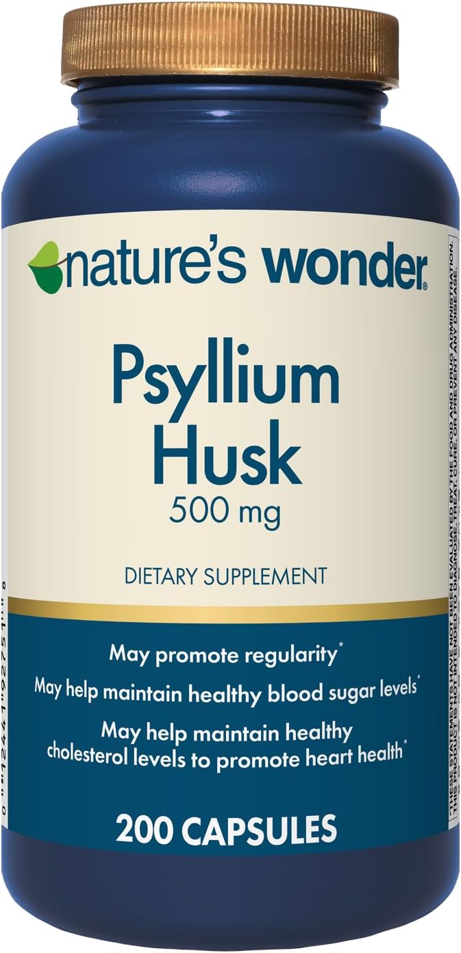 Nature's Wonder Psyllium Husk 500 mg Capsules for Digestive Health, Plant-Based Fiber, 200 Count