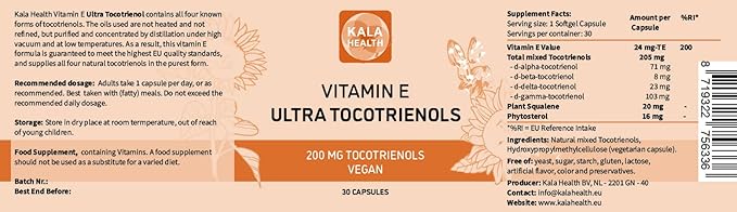 KALA HEALTH Ultra Tocotrienol 200mg Vitamin E Vegan – All 4 tocotrienols - Tocopherol Free - Supports Immune Health & Antioxidant Health Tocotrienols Supplement