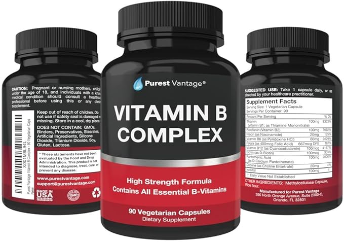 Vitamin B Complex Vitamins B12, B1, B2, B3, B5, B6, B7, B9, Folic Acid - Super B Complex Vitamins for Women, Men, Adults - 90 Vegetarian Capsules